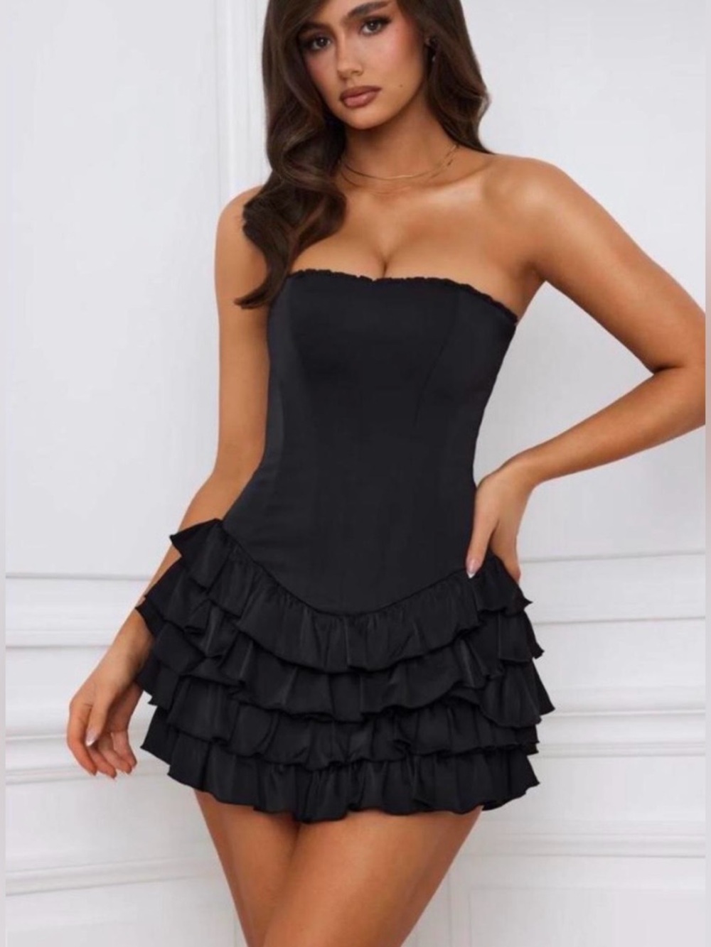 🌺NWT OH POLLY JULIET BANDEAU BLACK RUFFLE MINI DRESS US 10🌺